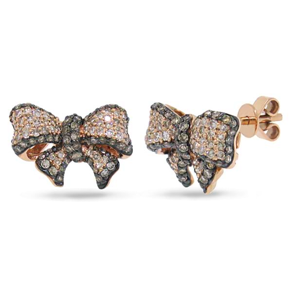 0.90ct 14k Rose Gold White & Champagne Diamond Ribbon Bow Earrings