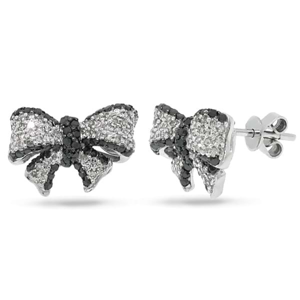 0.90ct 14k White Gold Black & White Diamond Ribbon Bow Earrings