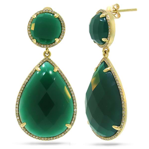 0.65ct Diamond & 38.35ct Green Agate 14k Yellow Gold Earrings