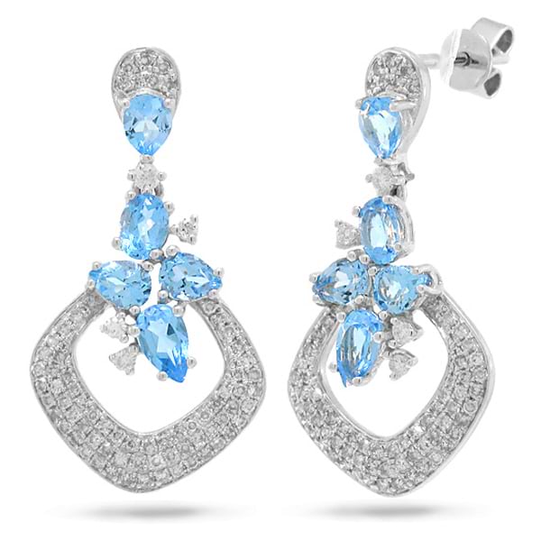 0.53ct Diamond & 2.00ct Blue Topaz 14k White Gold Earrings