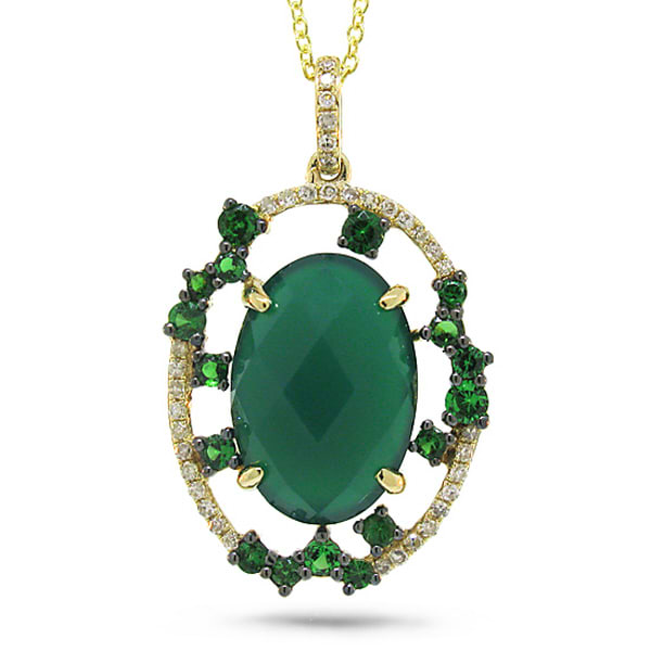 0.11ct Diamond & 4.13 Green Agate & Green Garnet 14k Yellow Gold Pendant Necklace