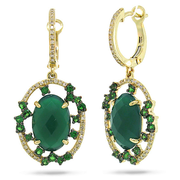 0.27ct Diamond & 6.27ct Green Agate & Green Garnet 14k Yellow Gold Earrings