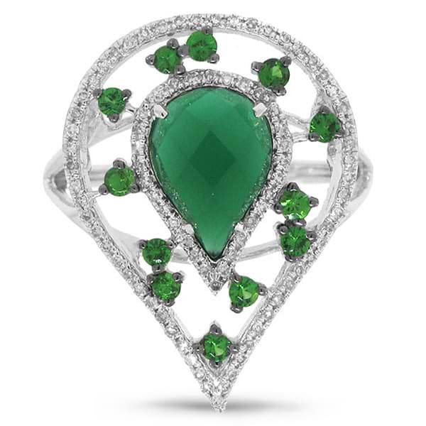 0.22ct Diamond & 1.97ct Green Agate & Green Garnet 14k White Gold Ring