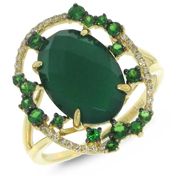 0.09ct Diamond & 4.31ct Green Agate & Green Garnet 14k Yellow Gold Ring