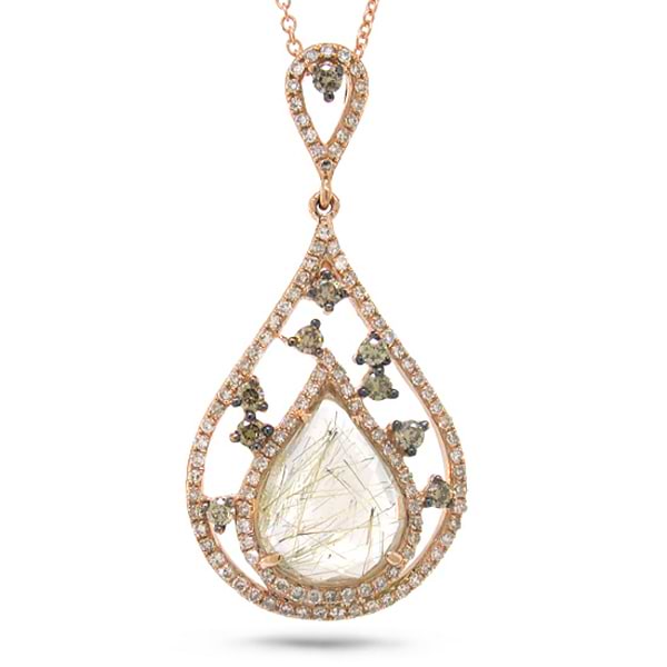 0.44ct White & Champagne Diamond & 2.42ct Golden Line Quartz 14k Rose Gold Pendant Necklace