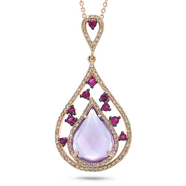 0.34ct Diamond & 2.62ct Amethyst & Pink Sapphire 14k Rose Gold Pendant Necklace