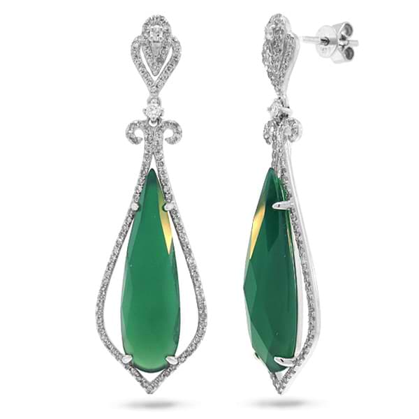 0.67ct Diamond & 10.34ct Green Agate 14k White Gold Earrings