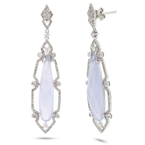 0.90ct Diamond & 9.92ct Blue Chalcedony 14k White Gold Earrings