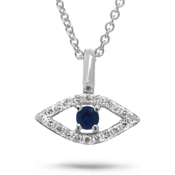 0.09ct Diamond & 0.08ct Blue Sapphire 14k White Gold Eye Pendant Necklace