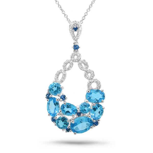 0.20ct Diamond & 3.63ct Blue Topaz & Blue Sapphire 14k White Gold Pendant Necklace