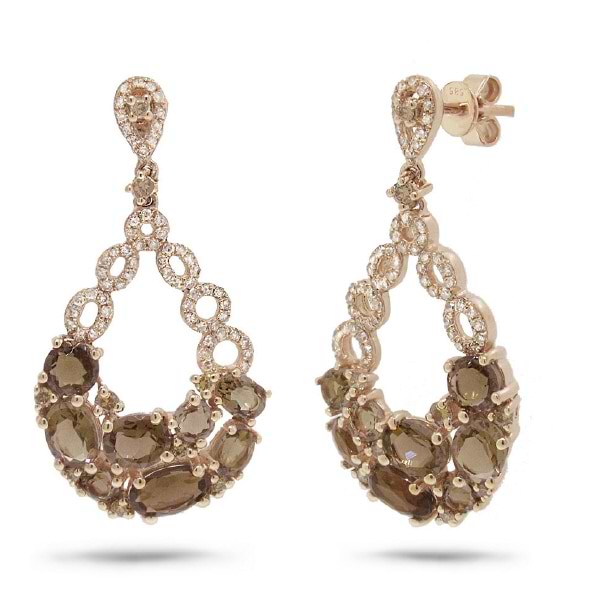 0.66ct White & Champagne Diamond & 3.65ct Smokey Topaz 14k Rose Gold Earrings