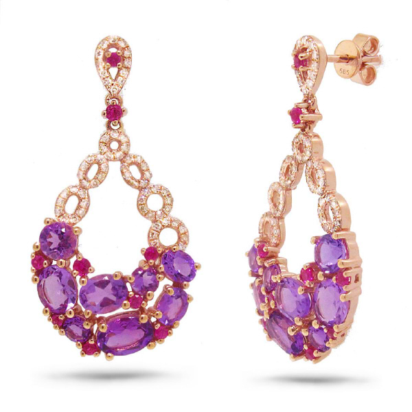 0.39ct Diamond & 3.88ct Amethyst & Pink Sapphire 14k Rose Gold Earrings