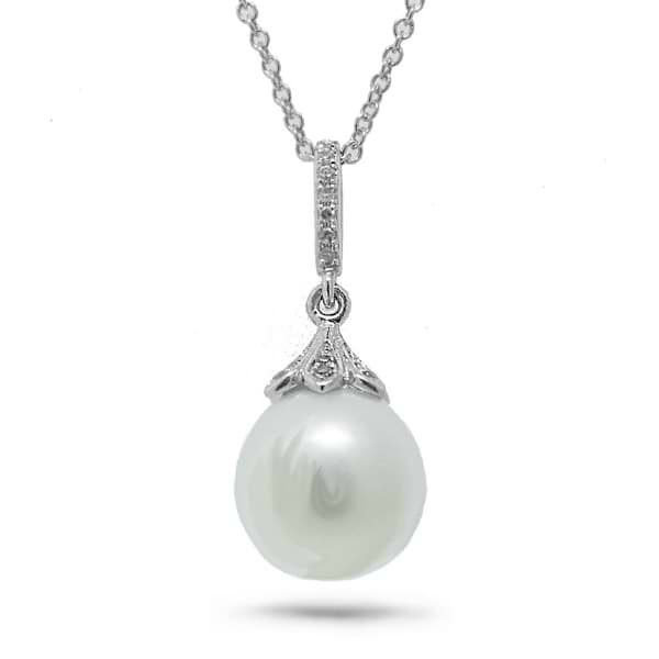 0.06ct 14k White Gold Diamond & Pearl Pendant Necklace