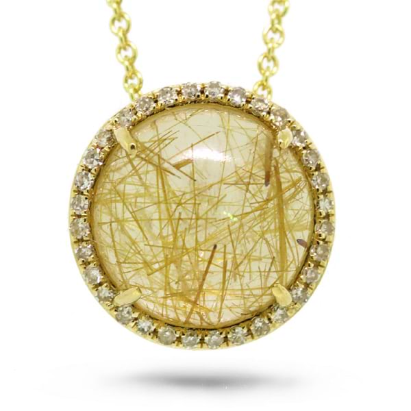 0.10ct Diamond & 3.77ct Golden Line Quartz 14k Yellow Gold Pendant Necklace