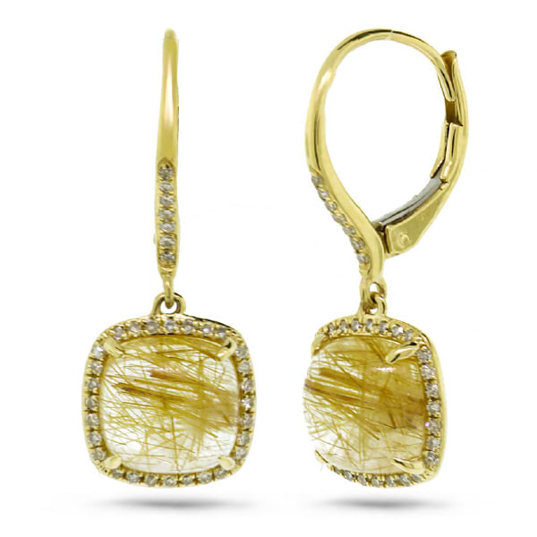 0.21ct Diamond & 4.77ct Golden Line Quartz 14k Yellow Gold Earrings