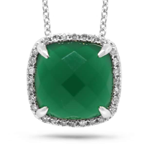 0.09ct Diamond & 2.76ct Green Agate 14k White Gold Pendant Necklace