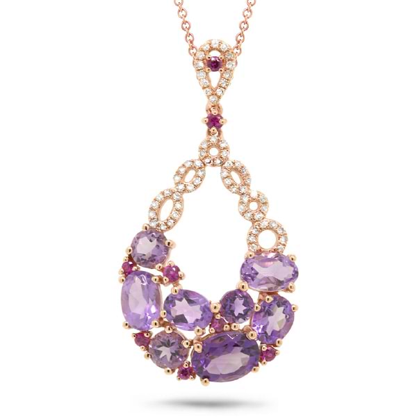 0.20ct Diamond & 3.09ct Amethyst & Pink Sapphire 14k Rose Gold Pendant Necklace
