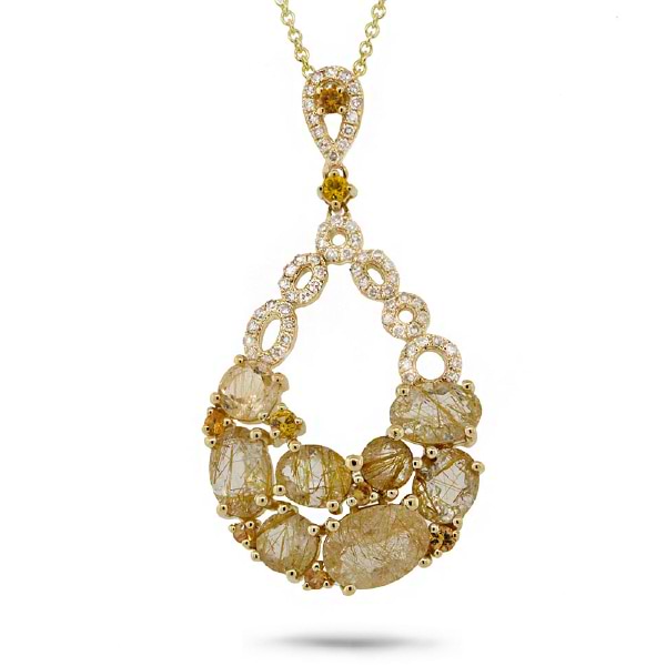 0.20ct Diamond & 2.97ct Golden Line Quartz & Yellow Sapphire 14k Yellow Gold Pendant Necklace