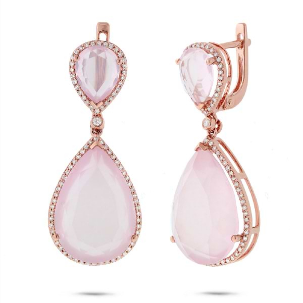 0.55ct Diamond & 29.53ct Rose Quartz 14k Rose Gold Earrings