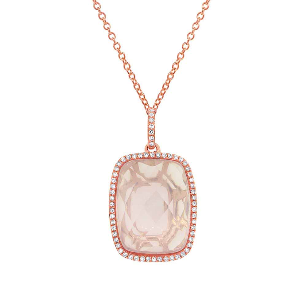 0.19ct Diamond & 8.92ct Rose Quartz 14k Rose Gold Pendant Necklace