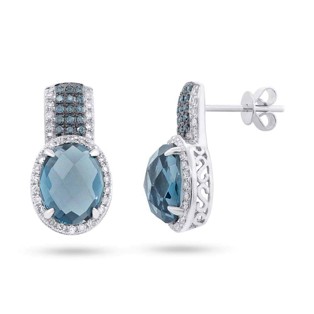 0.46ct White & Treated Blue Diamond & 5.18ct London Blue Topaz 14k White Gold Earrings