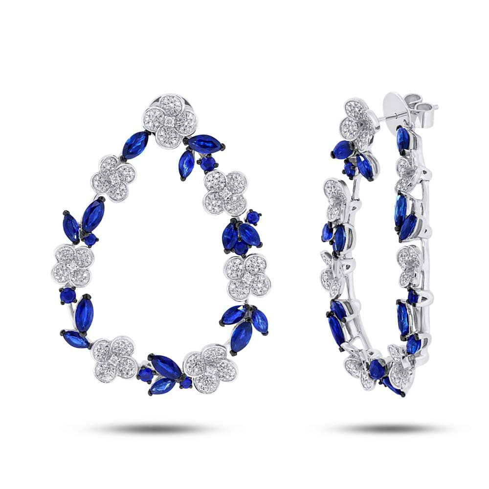 1.74ct Diamond & 7.95ct Blue Sapphire 14k White Gold Flower Earrings