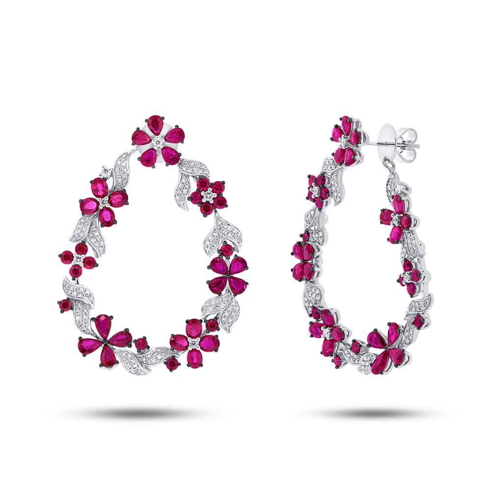 1.19ct Diamond & 10.10ct Ruby 14k White Gold Flower Earrings
