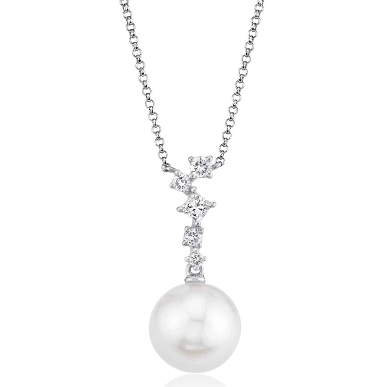 Diamond & Cultured Pearl Dangling Pendant Necklace 14K White Gold (0.16ct)