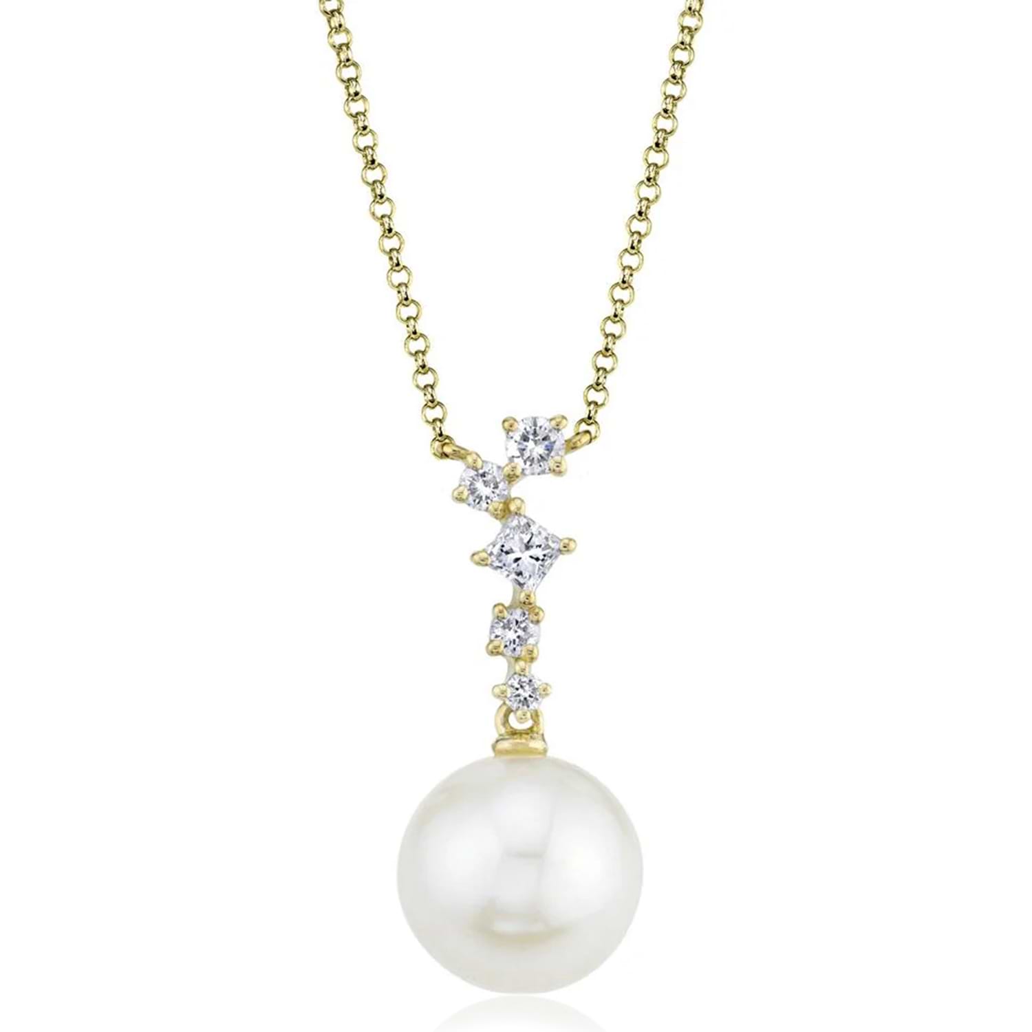 Diamond & Cultured Pearl Dangling Pendant Necklace 14K Yellow Gold (0.16ct)