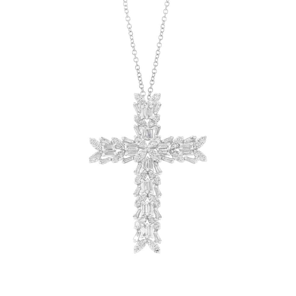 1.72ct 18k White Gold Diamond Baguette Cross Pendant Necklace
