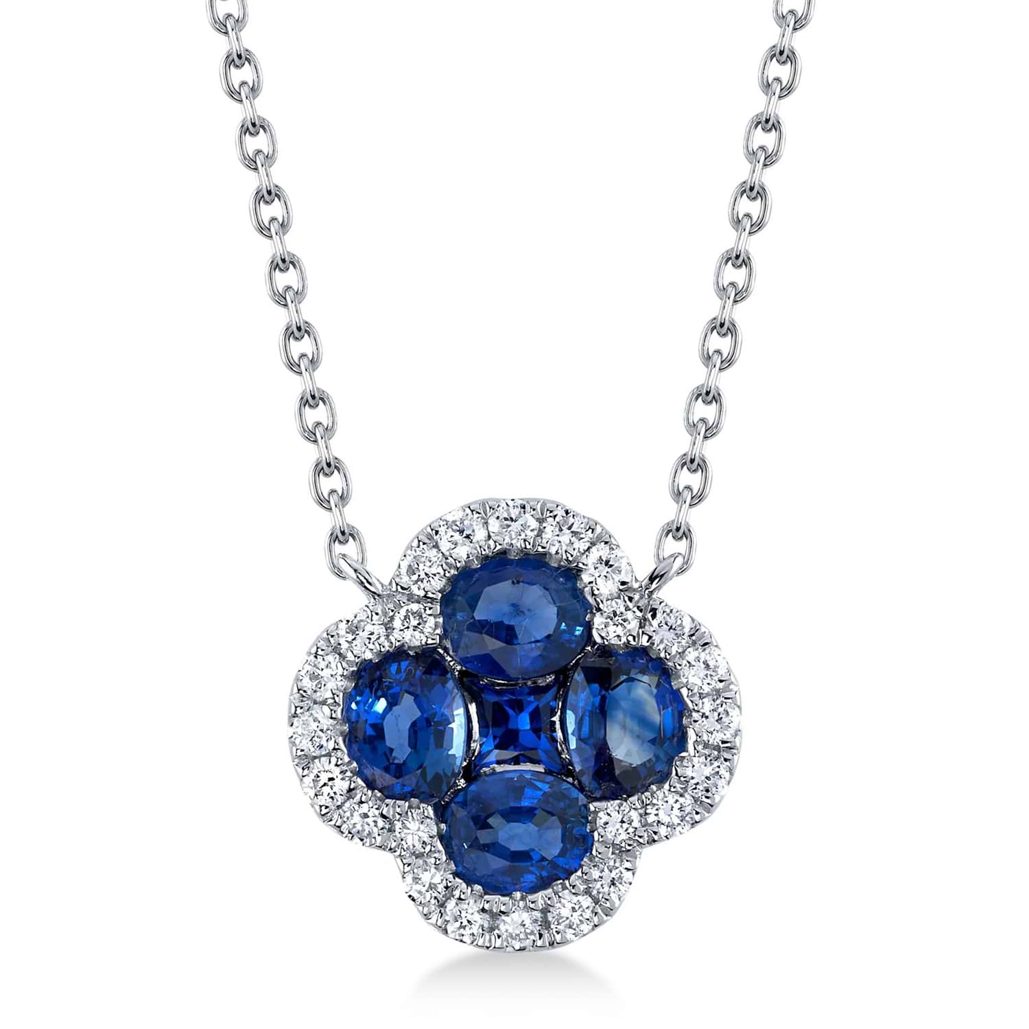 Diamond & Blue Sapphire Clover Pendant Necklace 14K White Gold (1.30ct)