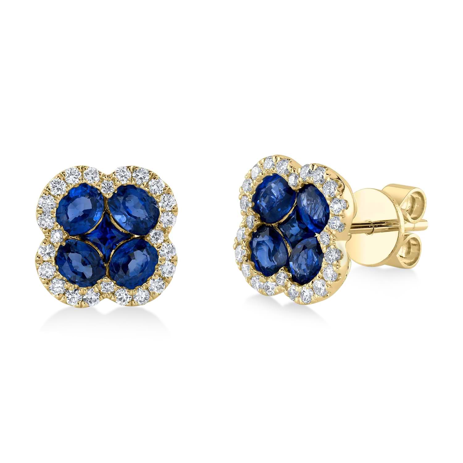 Diamond & Blue Sapphire Clover Stud Earrings 14K Yellow Gold (2.64ct)