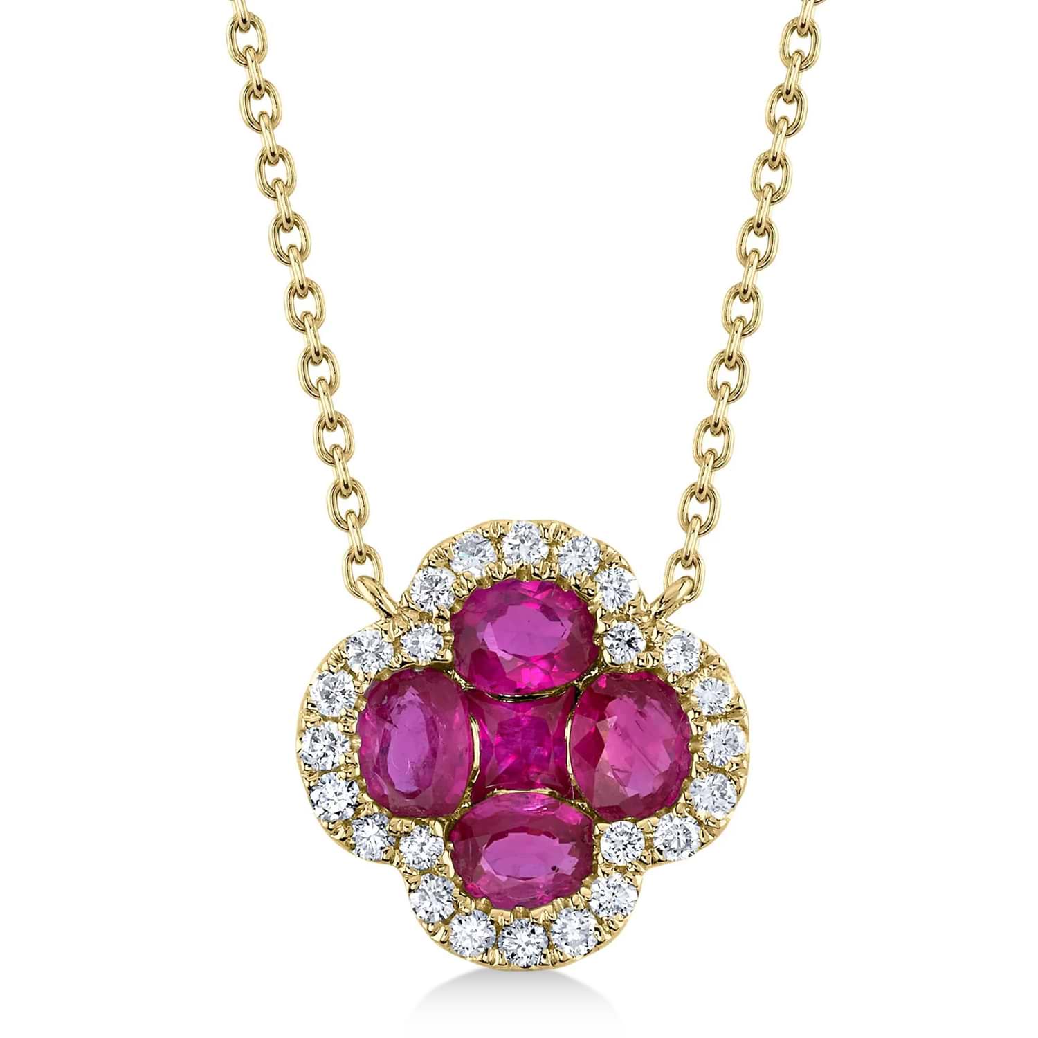 Diamond & Ruby Clover Pendant Necklace 14K Yellow Gold (1.05ct)