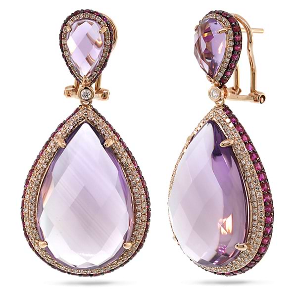 1.15ct Diamond & 41.99ct Amethyst & Pink Sapphire 14k Rose Gold Earrings