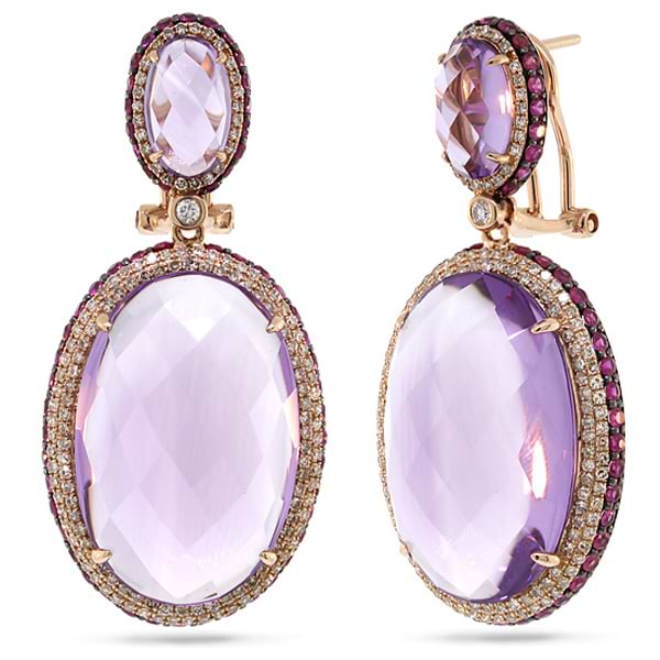 1.15ct Diamond & 43.45ct Amethyst & Pink Sapphire 14k Rose Gold Earrings