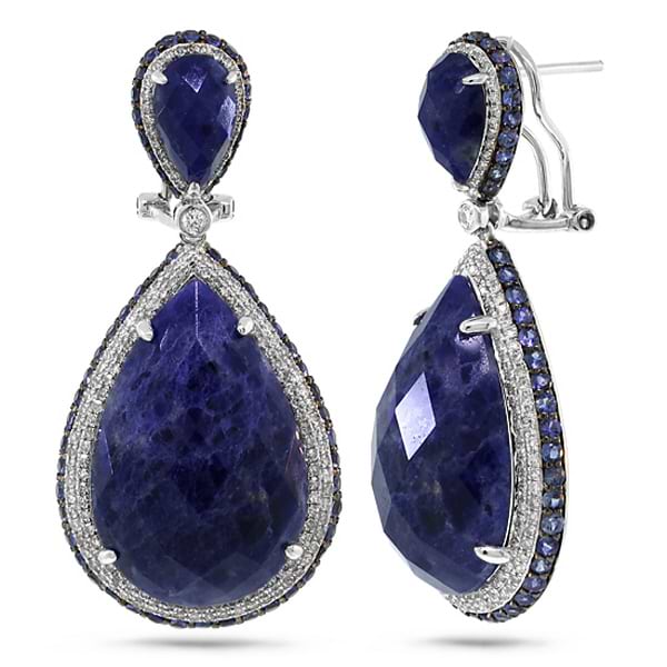 1.15ct Diamond & 37.56ct Sodalite & Blue Sapphire 14k White Gold Earrings
