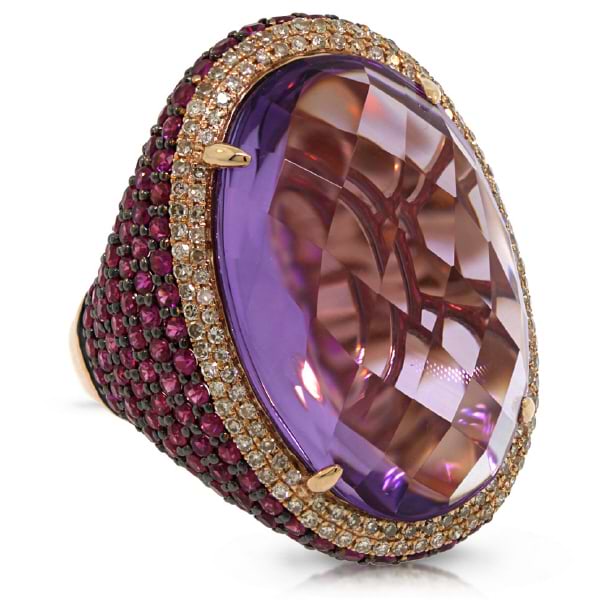 0.59ct Diamond & 29.34ct Amethyst & Pink Sapphire 14k Rose Gold Ring