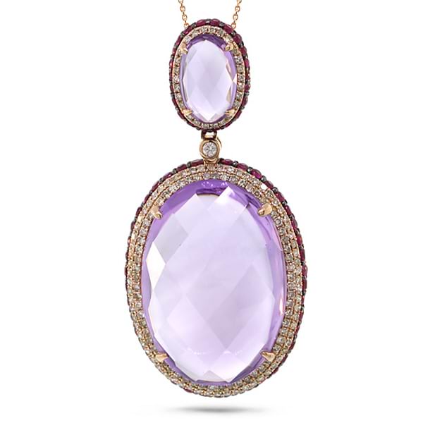 0.76ct Diamond & 30.55ct Amethyst & Pink Sapphire 14k Rose Gold Pendant Necklace