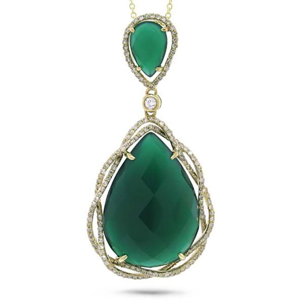 0.51ct Diamond & 14.53ct Green Agate 14k Yellow Gold Pendant Necklace