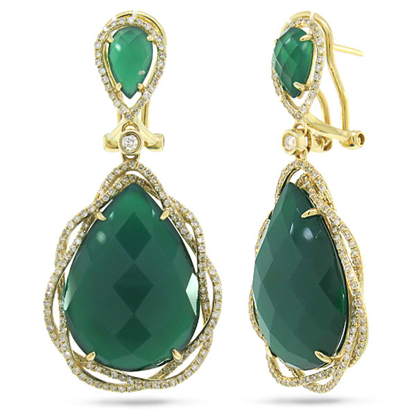 0.93ct Diamond & 24.96ct Green Agate 14k Yellow Gold Earrings