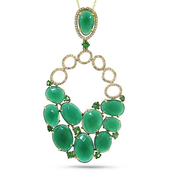 0.40ct Diamond & 15.12ct Green Agate & Green Garnet 14k Yellow Gold Pendant Necklace