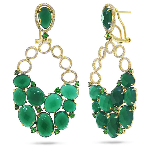 0.74ct Diamond & 25.00ct Green Agate & Green Garnet 14k Yellow Gold Earrings