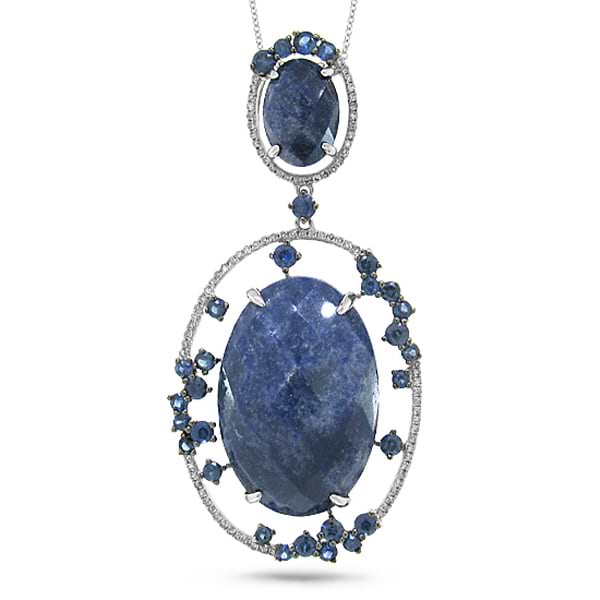 0.28ct Diamond & 25.55ct Blue Aventurine & Blue Sapphire 14k White Gold Pendant Necklace