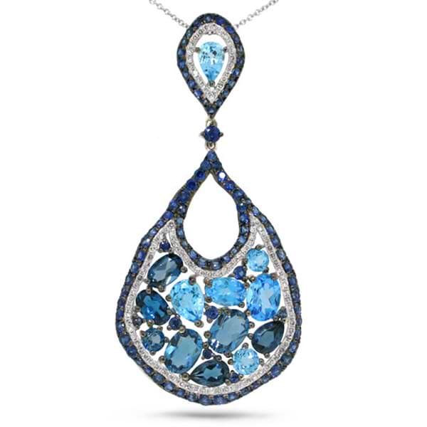 0.53ct Diamond & 10.12ct Blue Sapphire & Blue Topaz & London Blue Topaz 14k White Gold Pendant Necklace