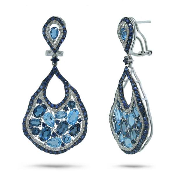 0.79ct Diamond & 14.24ct Blue Sapphire & Blue Topaz & London Blue Topaz 14k White Gold Earrings