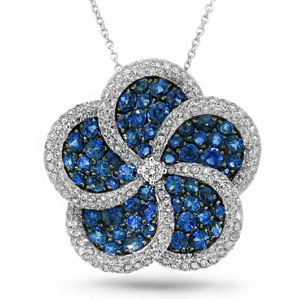0.94ct Diamond & 2.57ct Blue Sapphire 14k White Gold Flower Pendant Necklace