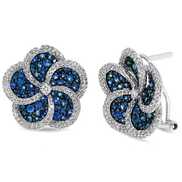 1.04ct Diamond & 2.33ct Blue Sapphire 14k White Gold Flower Earrings