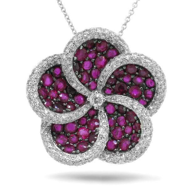 0.94ct Diamond & 2.72ct Ruby 14k White Gold Flower Pendant Necklace