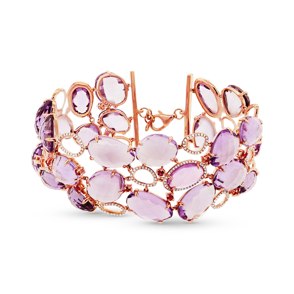 1.48ct Diamond & 117.44ct Amethyst & Pink Sapphire 14k Rose Gold Bracelet