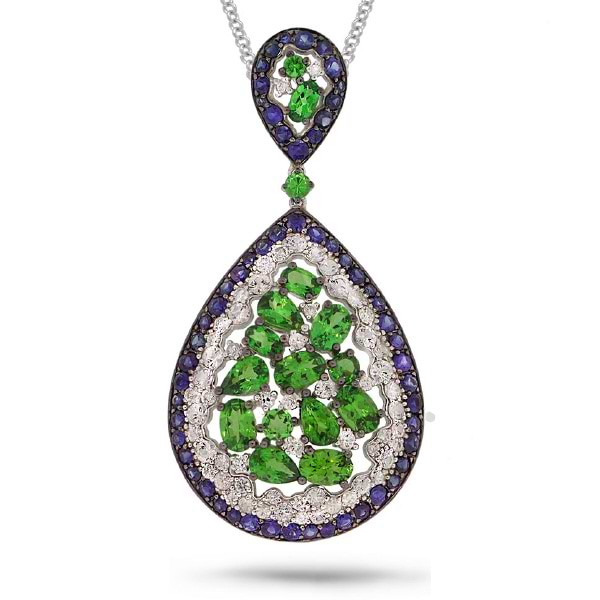 0.60ct Diamond & 10.10ct White & Blue Sapphire & Green Garnet 14k White Gold Pendant Necklace